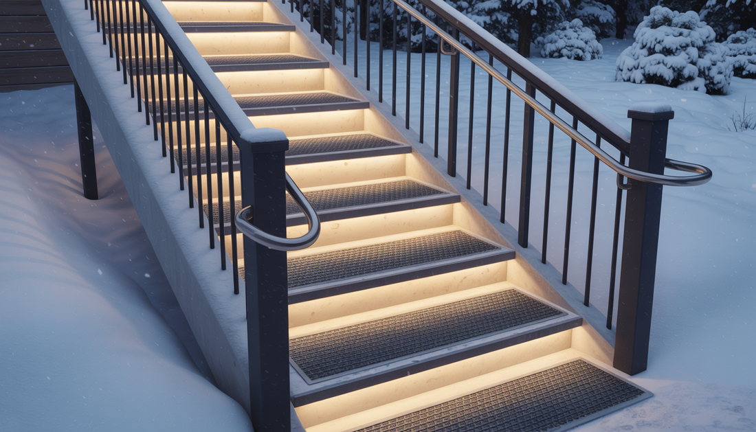 A well-lit winter staircase with non-slip treads and handrails, snow falling softly in the background.