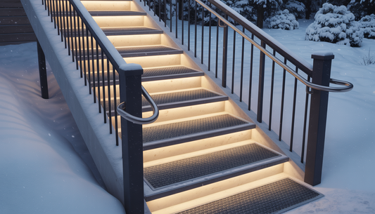 A well-lit winter staircase with non-slip treads and handrails, snow falling softly in the background.