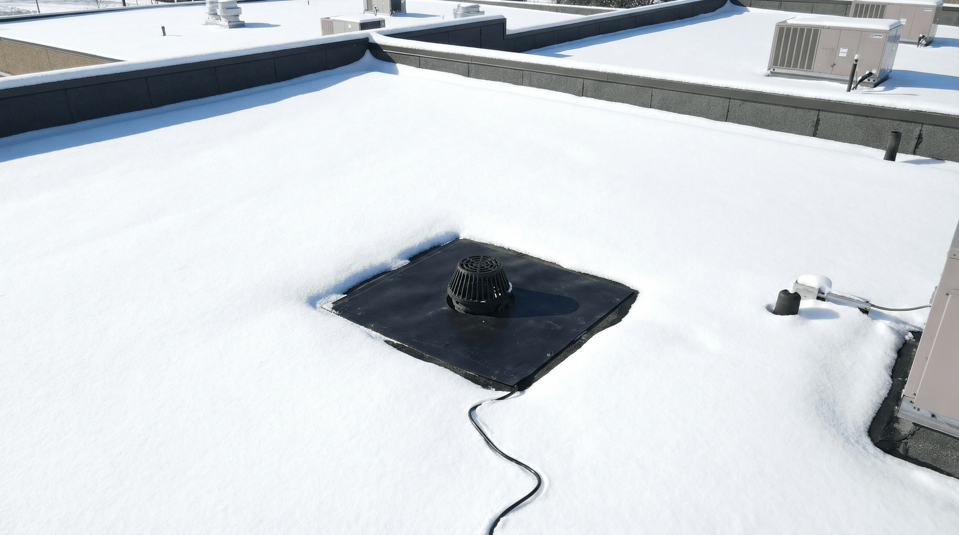 Installed TEK-SIL heated roof mat on a snow-covered flat roof, effectively melting snow around the drain to prevent ice dams.